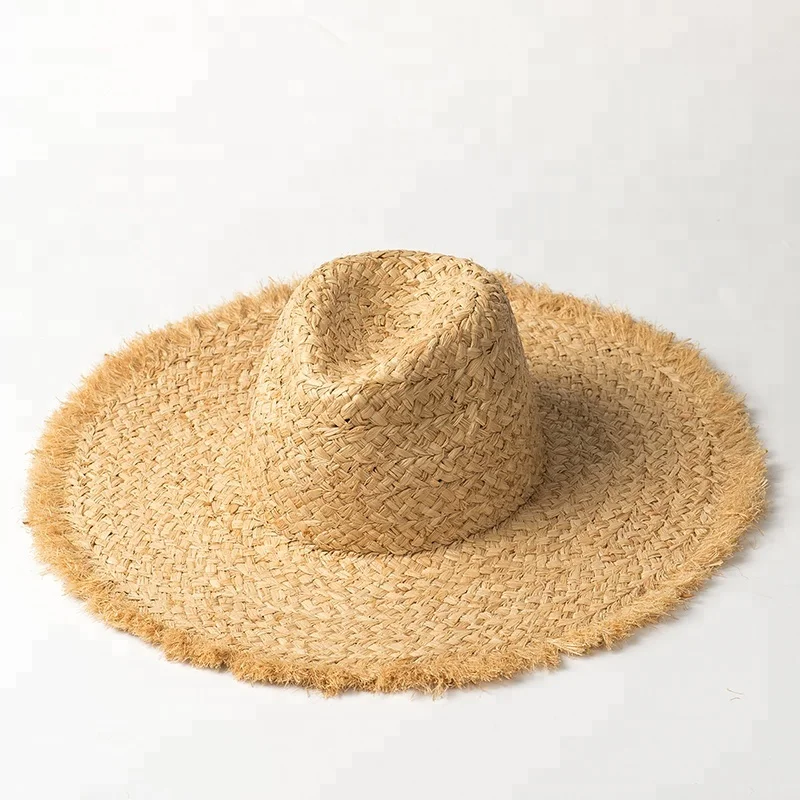 

Fashion Women Summer Trendy Raw Frayed Edge Wide Brim Beach Hat Lady Sombreros Hand Made Braid Raffia Straw Hat