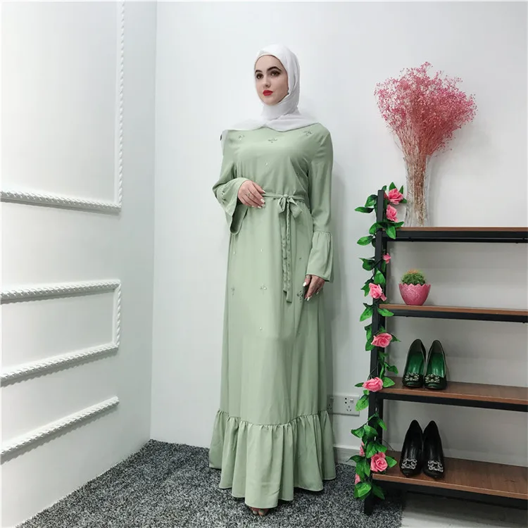 

Newest model High quality full length EID muslim maxi dress abaya with belt, Mint green;black