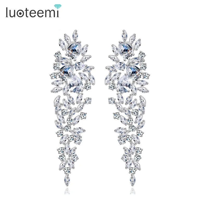 

LUOTEEMI Wholesale Fashion Luxury Rhodium Plated Bridal Shining Clear Cubic Zirconia Long Wedding CZ Chandelier Earrings