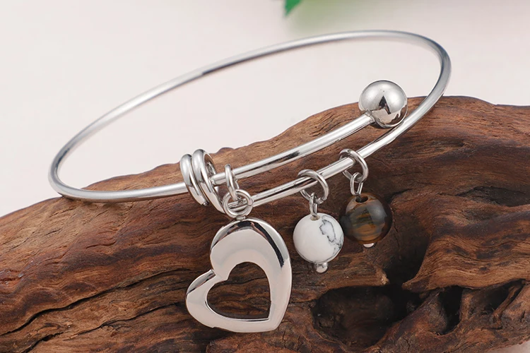 Wholesale custom expandable stainless steel thin wire bracelet with heart charm and turquoise stone