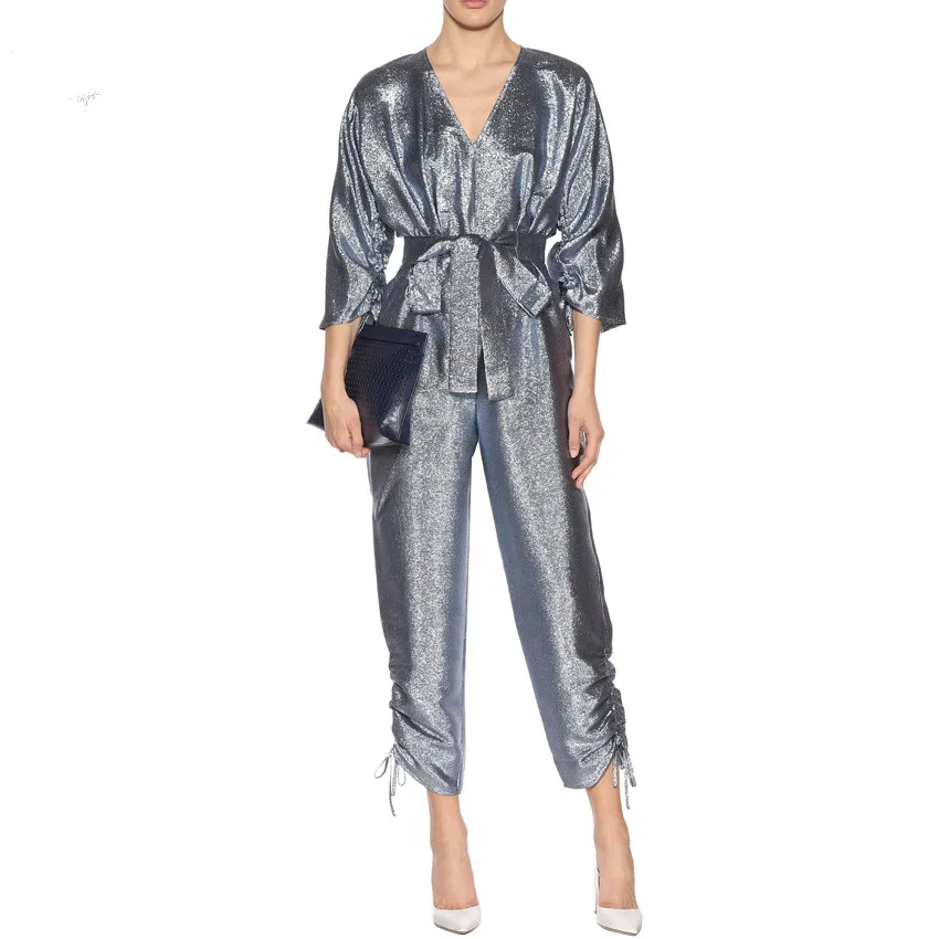 

2019 New arrival summer fashion women v-neck metallic jumpsuit, N/a