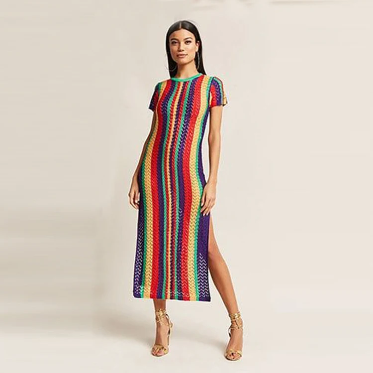 

Sexy Knit Cover Ups Beach Cover Up Rainbow Long Dress For Women, As picture