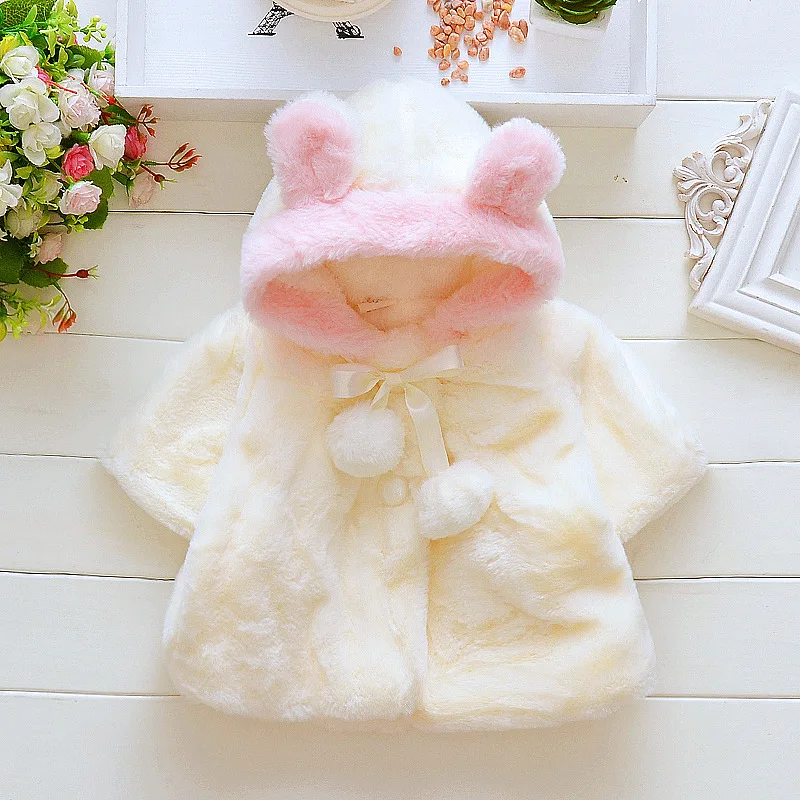 

baby girl winter soft clothes lovely bow coat hooded rabbit ear girl jackets, White pink