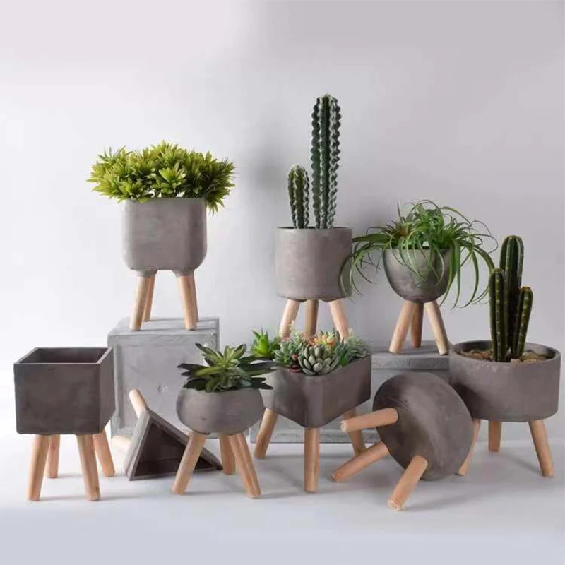 Hot Sale Indoor Cement Flower Pot With Wood Stand - Buy Cement Flower
