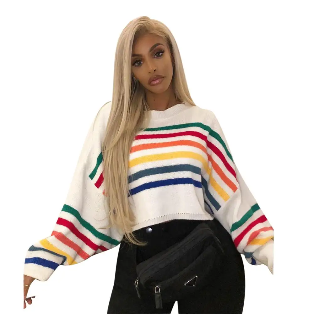 

FM-M870 Street wear bat sleeve rainbow stripe sweater Ladies long sleeve pullover sweaters for women, As the pic