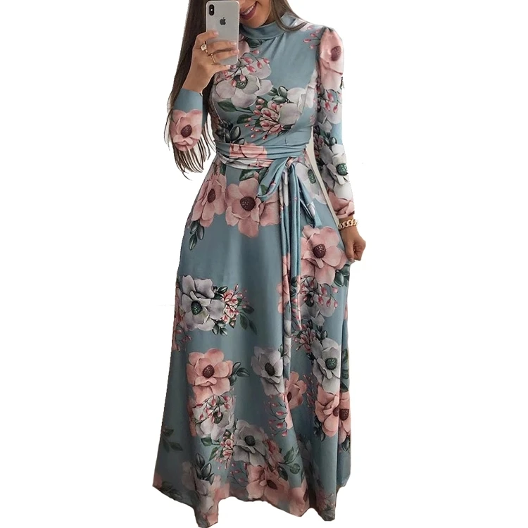 

2019 Hot Wholesale new styles arabic women dress turtleneck floral long sleeve maxi dress