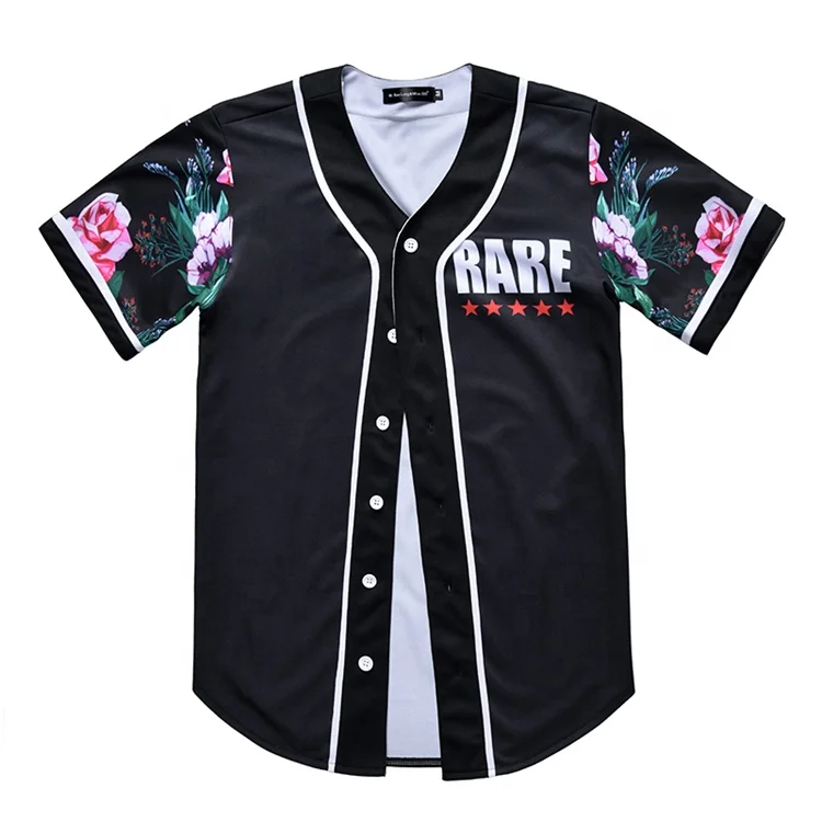 

Wholesale Mens Black 3D Floral Printing Sleeves Baseball Jersey