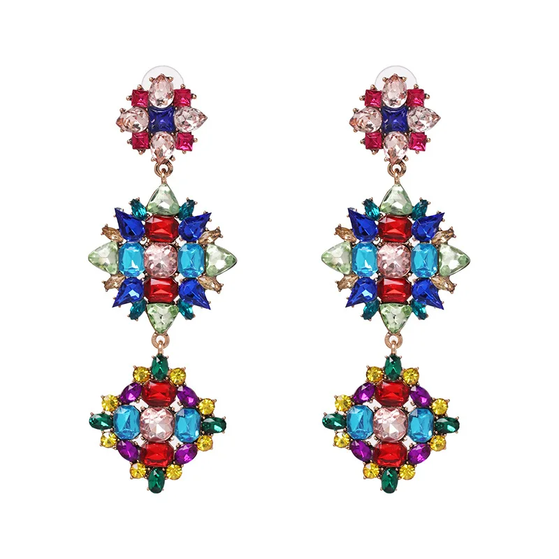 

Trendy Women Jewelry Geometric Metal Diamond Crystal Drop Earrings Ethnic Long Style Alloy Pave Glass Beads Rhinestone Earrings, As picture