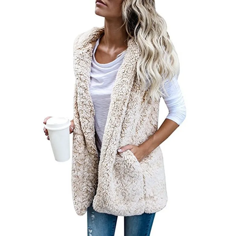 Plus Size Faux Fur Outwear Women's Casual Fleece Lightweight Fall Warm Vest With Pockets Hoodies Jacket Y10536