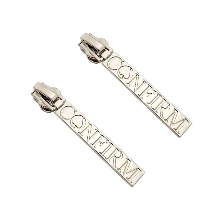 

US standard silver plated custom stamped brand name metal logo zipper puller for clothing/bags, Silver or custom