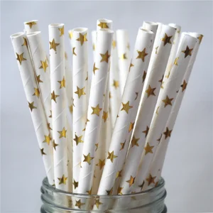 Image of Eco friendly 100% Biodegradable Foil Gold Star Paper Straws drinking