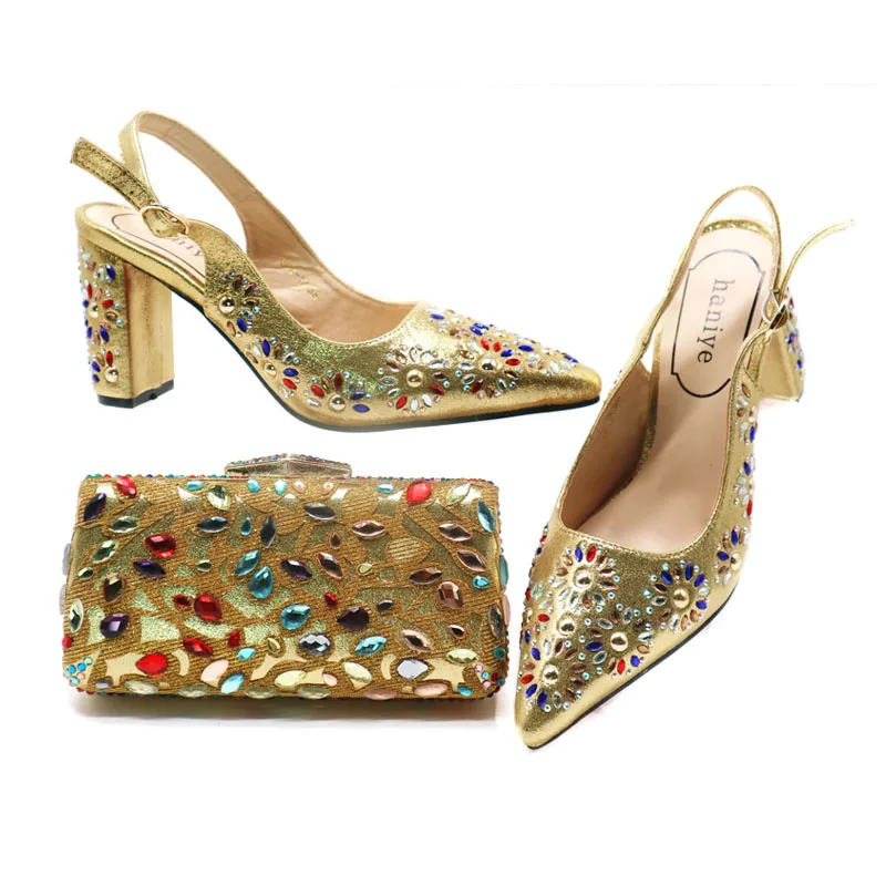 

Fashion crystal shoes and bag heel 8cm italian wedding shoes and bag set gold shoes and matching clutch bag G76-5