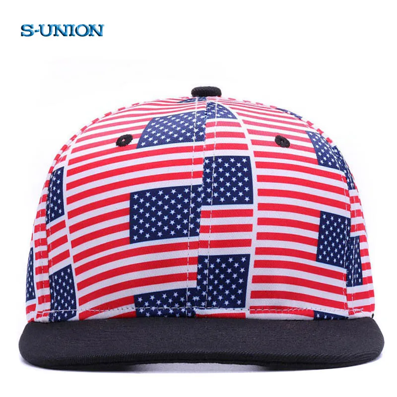 

S-UNION USA Flag snapbacks caps casual hip hop hats boys Rap Adjustable printing flat brim baseball caps Girls