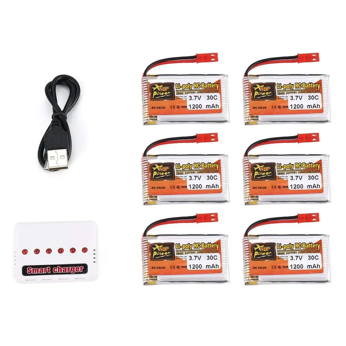 Exiao 6Pcs ZOP Power 3.7V 1200mAh 30C 1S JST Plug Lipo Battery Rechargeable with 6 in 1 Battery USB Charger for RC Racing Drone Car