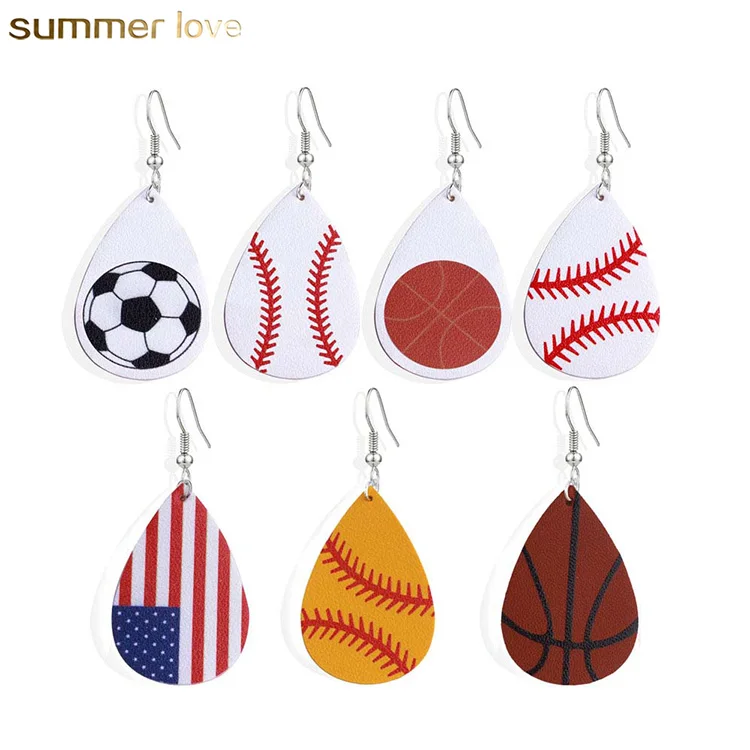 

2019 New Fashion Boho Sports Basketball Football Volleyball Teardrop Dangle Printing Leather Earrings Jewelry for Women Girls, Colorful