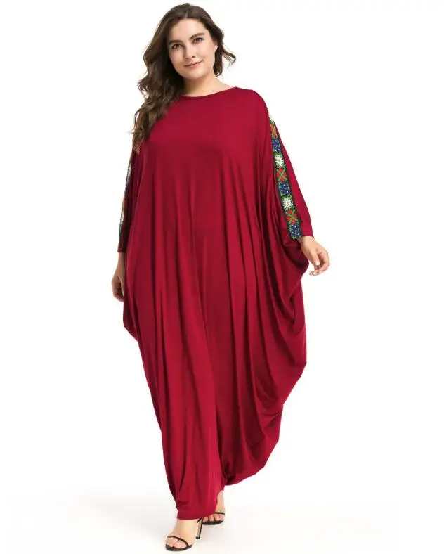 

Plus size women casual long bat sleeves embroidery dubai muslim dresses