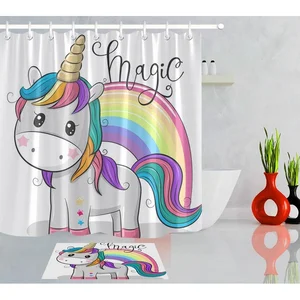 Image of Amazon Top Seller 2018 2019 Bathroom Latest Curtains Unicorn Design Custom Shower Curtain and Bath Rug Set with Plastic Hooks
