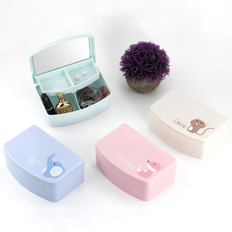 

Hot selling fashion foldable plastic jewelry storage box with mirror, 4 colors