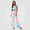 KY sexy Tie Dye Halter Crop Top Lace-Up Tie Back Flare Pants High Waist 2 piece pant set women