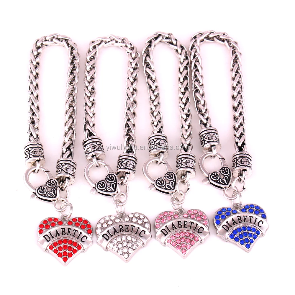 

BH06 Fashion Jewelry Wheat Chain Bracelet with Lobster Claw Crystal DIABTIC Heart Shape Charm Bracelet