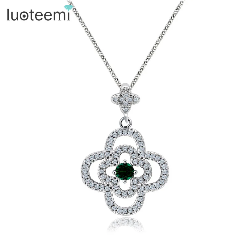 

LUOTEEMI Necklace Flower White Gold Plated Jewelry Fully Paved Tiny CZ Lucky Clover Pendant Girls Flower Choker Necklace