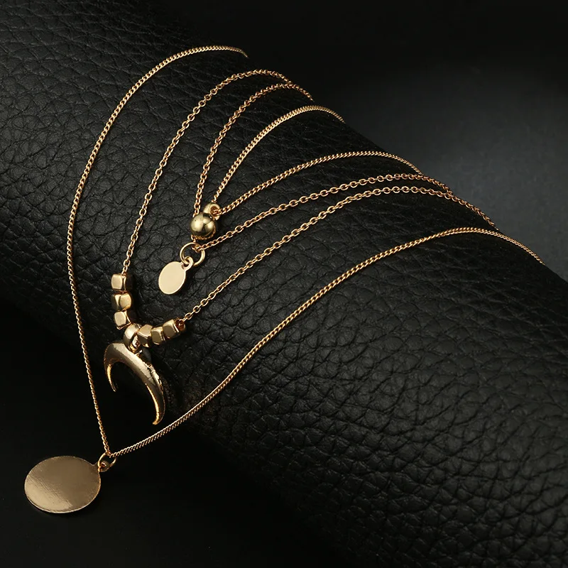 European and American fashion new retro celebrity wind moon horn round alloy 4 layer alloy necklace set women