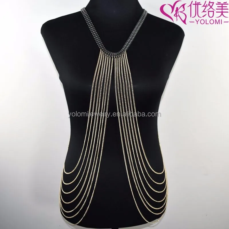 

Womens Body Chain Bikini Belly Sterling Gold Tone Body Chain Necklace Full Body Chain Dress Jewelry YMBD1-261, Gold & silver