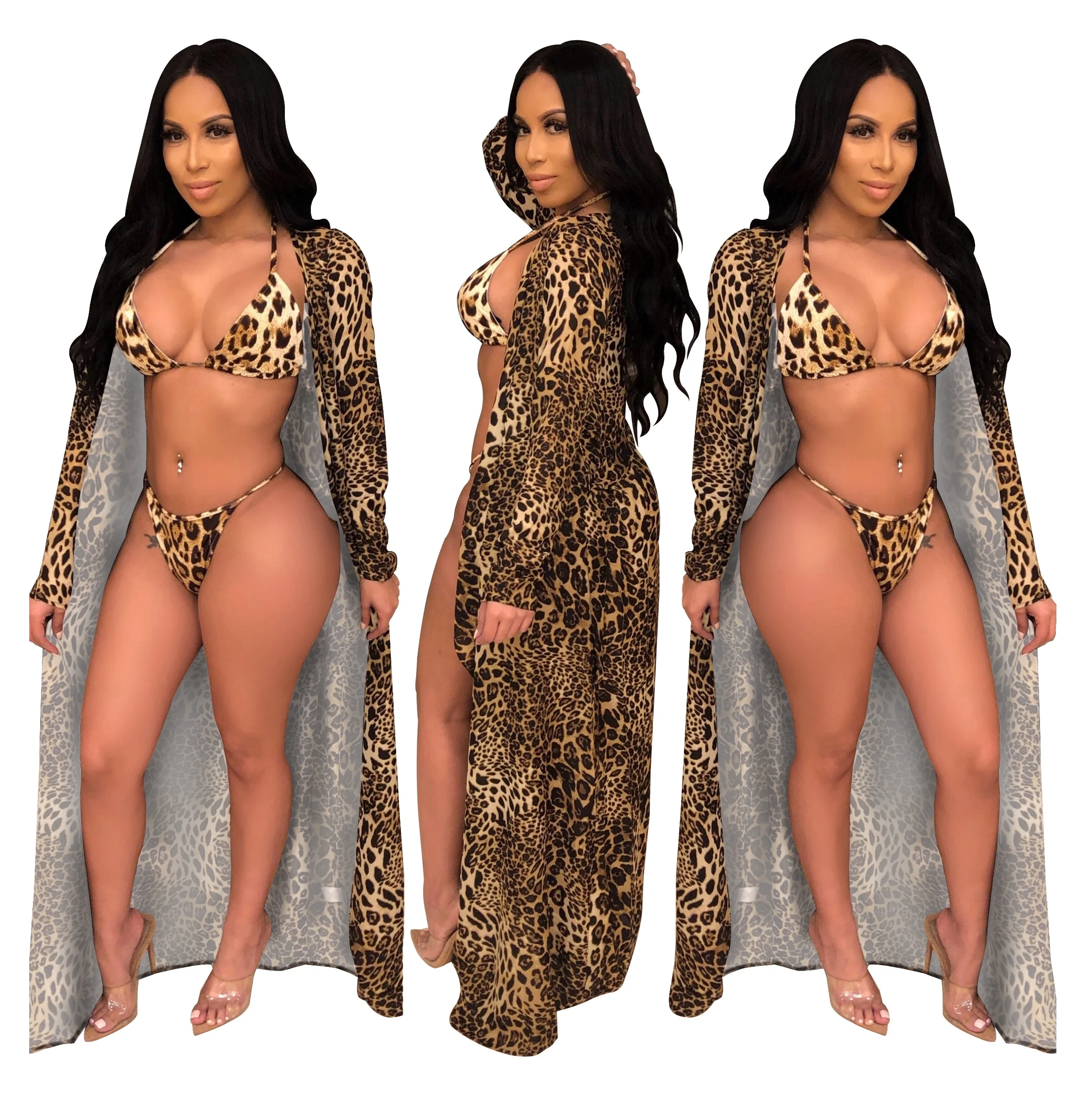 

06AF972 Wholesale women's leopard printed bikini beach bathing suit with cover up