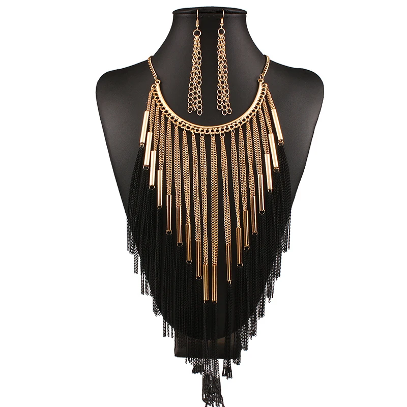 

Tassel Jewelry Sets For Women Gold Color Black Tassel Necklace Earrings Set Wedding Party Jewelry Set (KJ047), Same as the picture