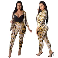 

O3053 women fashion print blazer and pencil pants two piece set outfit