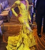 Yellow Sexy V Neck Long Sleeve Mermaid Lace Party Prom Dress Zipper Evening Dress With Feather