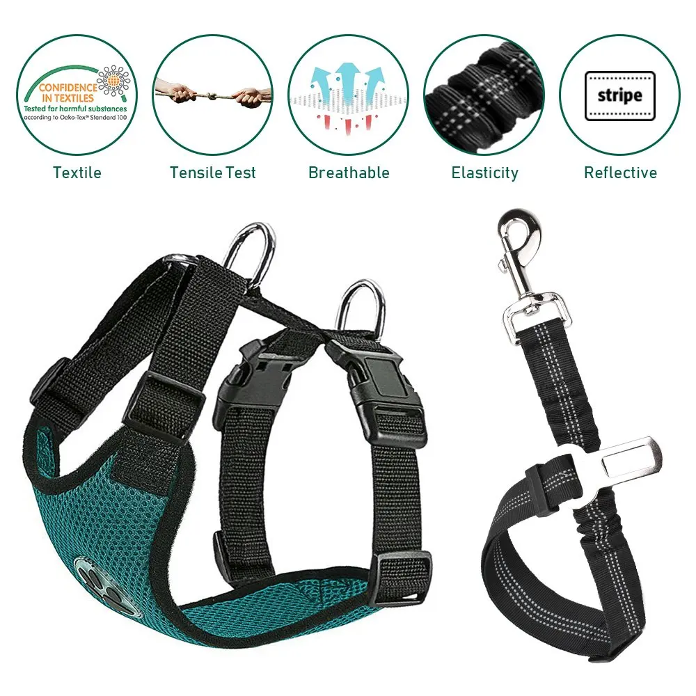Nasus Dog Car Harness Seat Belt Vest Harness, Multifunction Adjustable Double Breathable Mesh Fabric with Car Vehicle Connector Belt for Dogs Travel Walking Trip