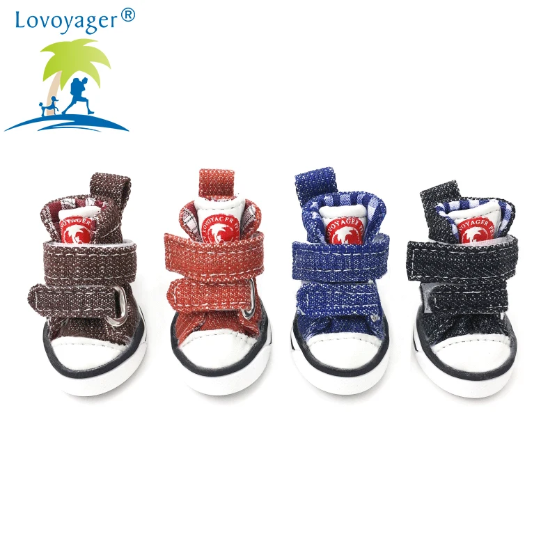 

LOVOYAGER wholesale pet accessories canvas fabric dog shoes non slip blue jean dog sneakers dog boots, Blue, brown, wine