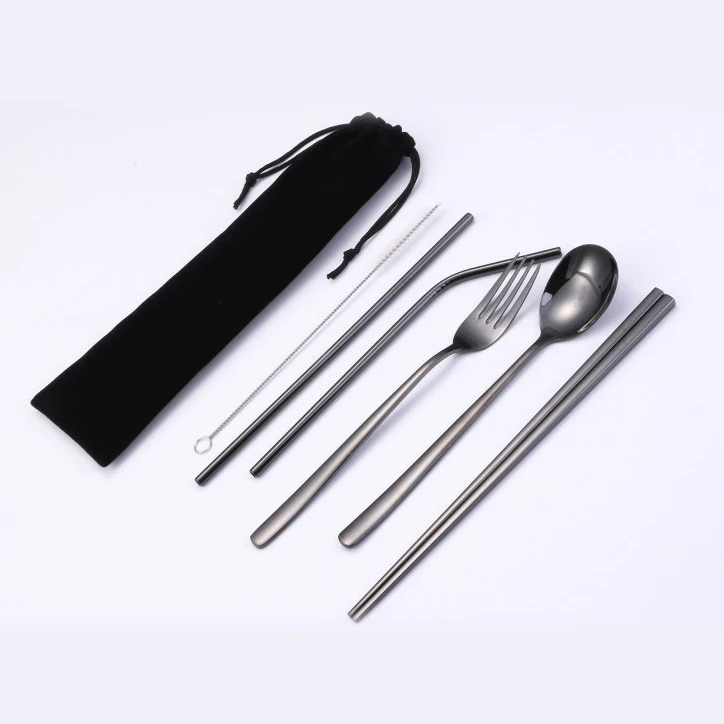 

Stainless Steel Camping Flatware Set Spoon Fork Chopsticks Straw Set, Silver, gold, rose gold, black, rainbow, blue, purple
