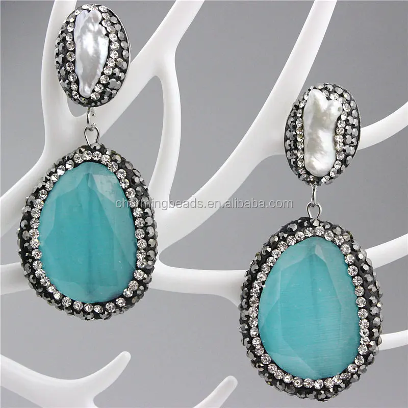 CH-ZSE0295 rhinestone stone pendant earring,pave crystal pearl stud earring,fashion cat eye stone earring jewelry