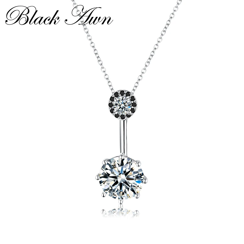 

[BLACK AWN] Fine Jewelry Genuine 925 Sterling Silver 3.8Ct Trendy Black&White Stone Necklaces Pendants for Women P002