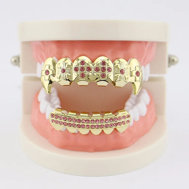 Gold Plating Fashionable Teeth Grillz Set With Rhinestone Teeth Socket ...