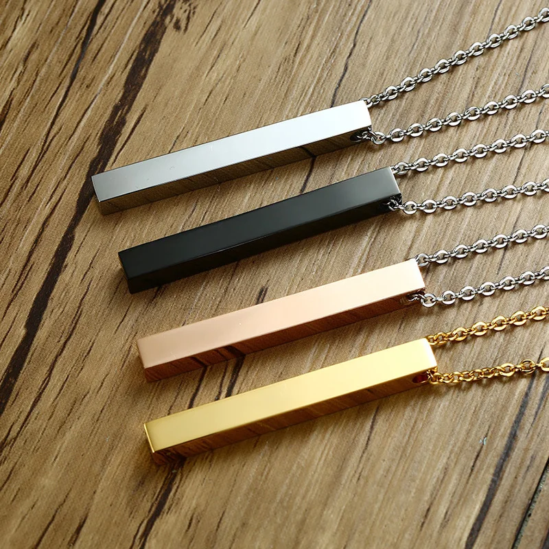 Personalized Custom Name 4 Sides Blank Bar Engraved Logo Rectangle Pendant Necklace Stainless Steel Jewelry
