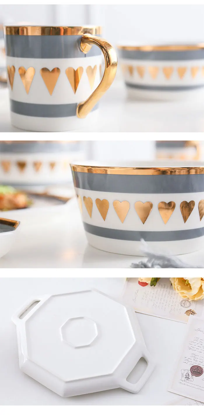 High-end Western style gold rim octagonal porcelain tableware set dinnerware dishes plates