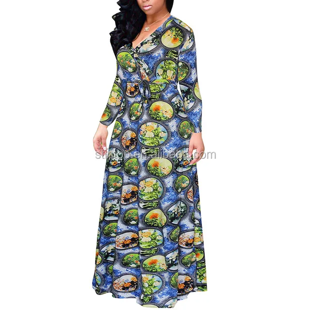 

High Quality New Fashion 2018 Dress Women' long Sleeve deep v neck Printed Celebrity Party Long Dress