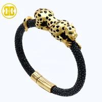 

Custom Enamel Leopard Cuff Bangle Handmade Genuine Leather Stingray 18k Gold Plated 925 Sterling Silver Jewelry Men Bracelet