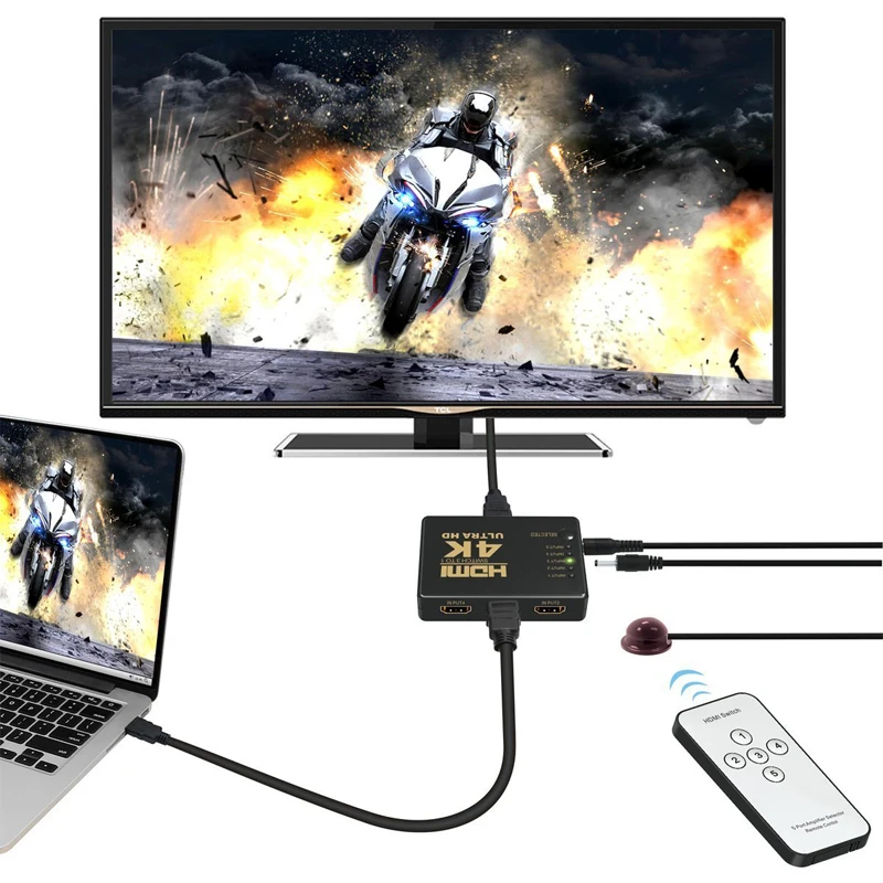 4K HDMI 2.0 Cable Splitter Switcher Box Hub IR Remote Control 5X1 Power 5 to 1