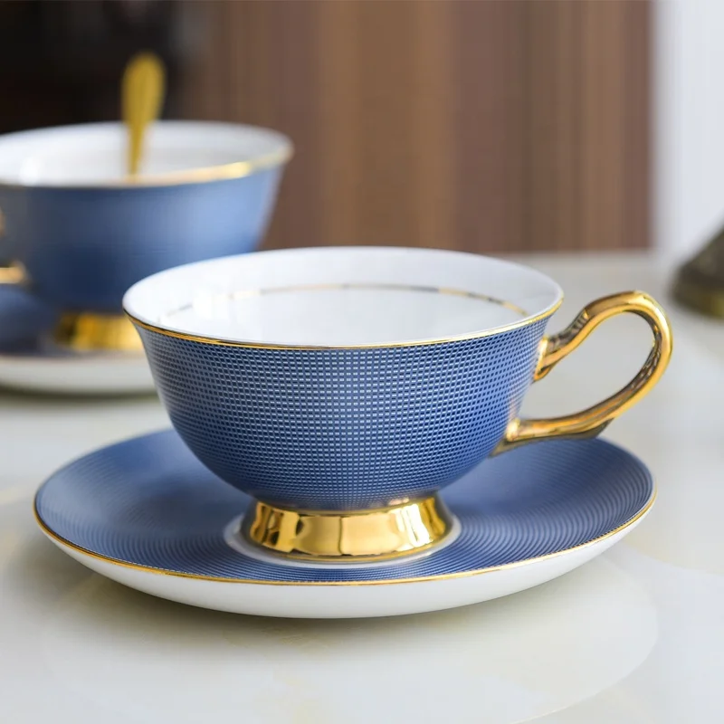 

Dropshipping porcelain tea cup and saucer set custom logo blue ceramic coffee cups with dish, Blue/ black