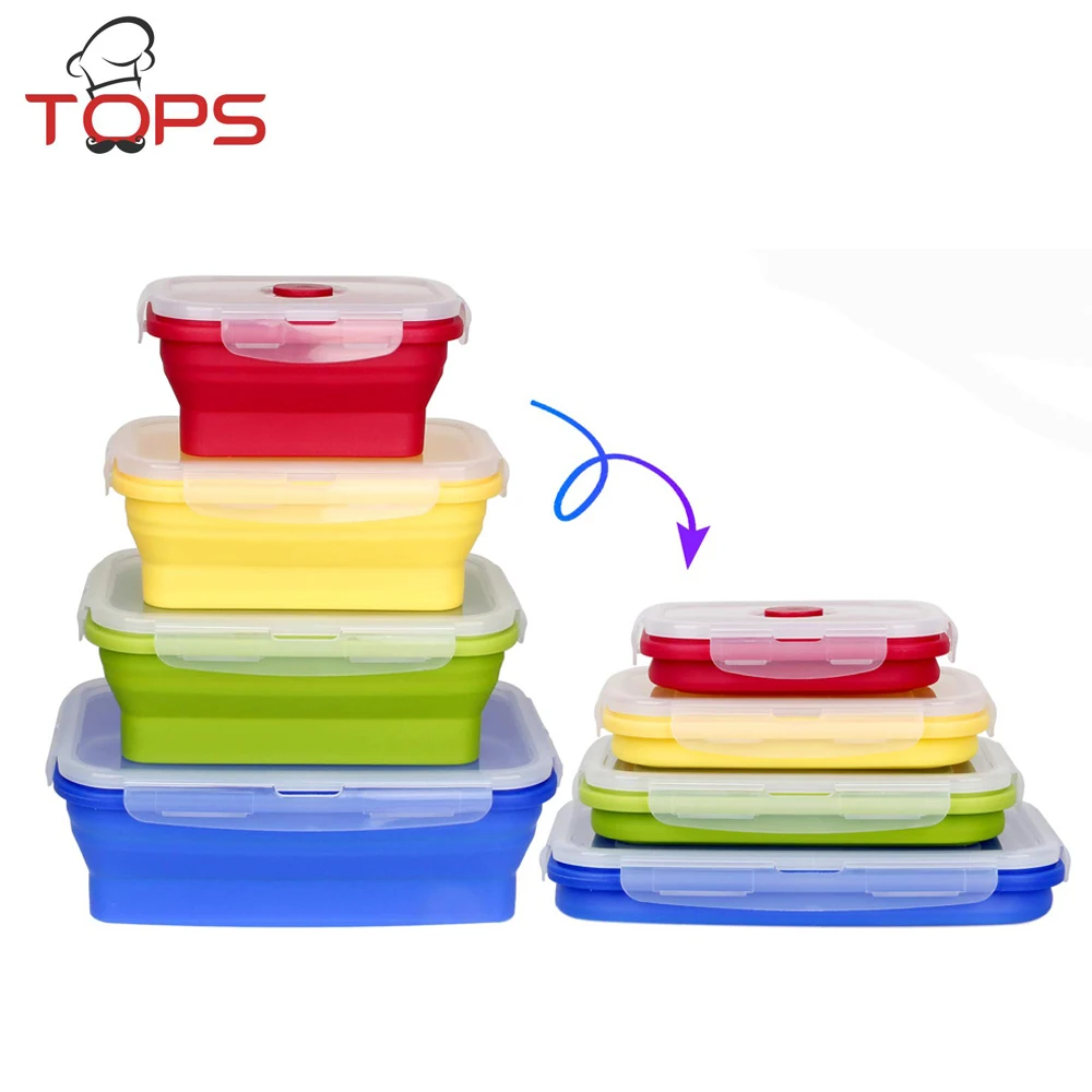 Assorted Sizes Set of 4 PCS Silicone Collapsible Food Container with Strainer on PP lid/Silicone Microwave Food Containers