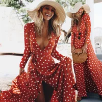 

Ecowalson New Autumn Fashion Print Polka Dot V-neck Lace-up Front slit long-sleeved women Dress