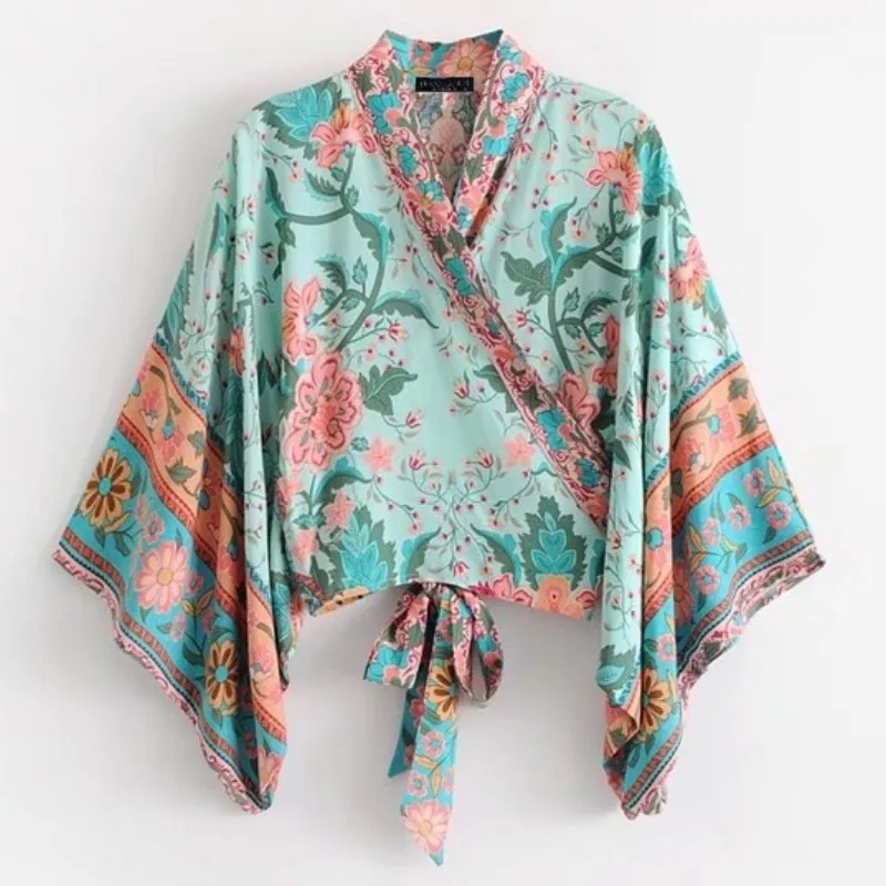 

New Hot Bohemia Style Boho Clothing Women Kimono Cardigan Floral Print Tops Sexy Cross V Neck Blouse Shirt Vintage
