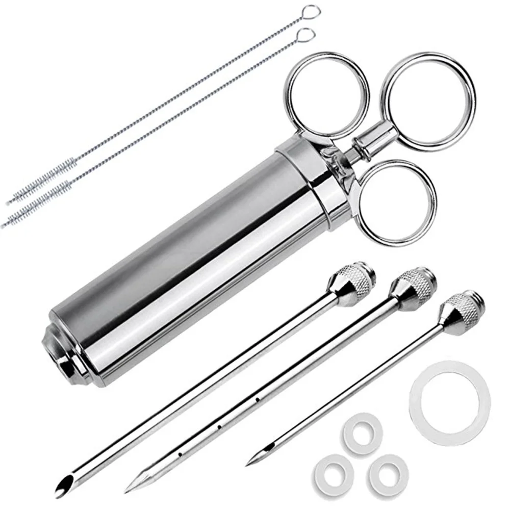 

Stainless Steel Manual Brine Meat Injector 2oz Kit Injection Syringe for Turkey, Natural metal