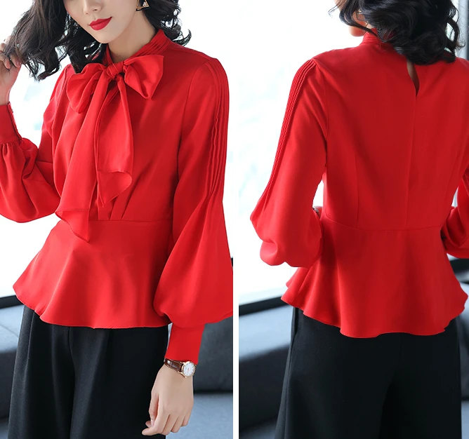 Women's 2018 Spring New Style Chiffon Red Blouse Long Sleeve Slim ...