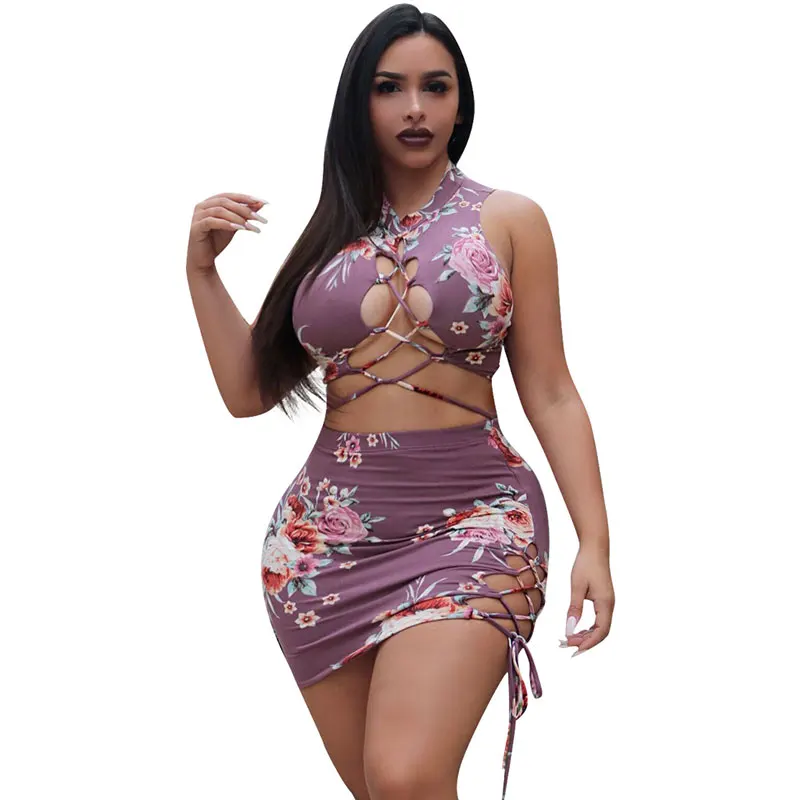 

Two Piece Set Women Clothing Print Lace-Up Vest Top And Skirt, N/a