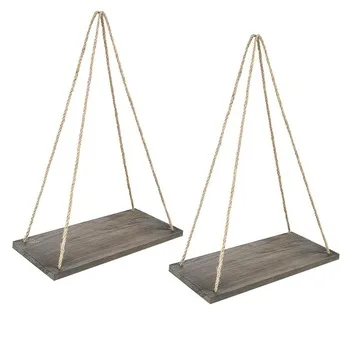 

Wall Finished Wood Rope Hangign Shelf - Rustic Home Wall Decor, Beige, brown or as customer's requirement